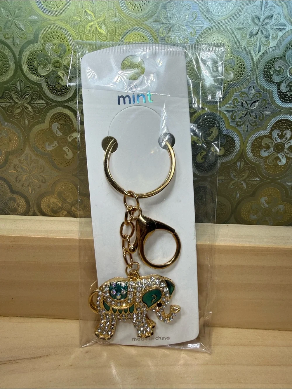 Mint Rhinestone Elephant Keychain & Purse Charm w Green Enamel, Clear Rhinetones